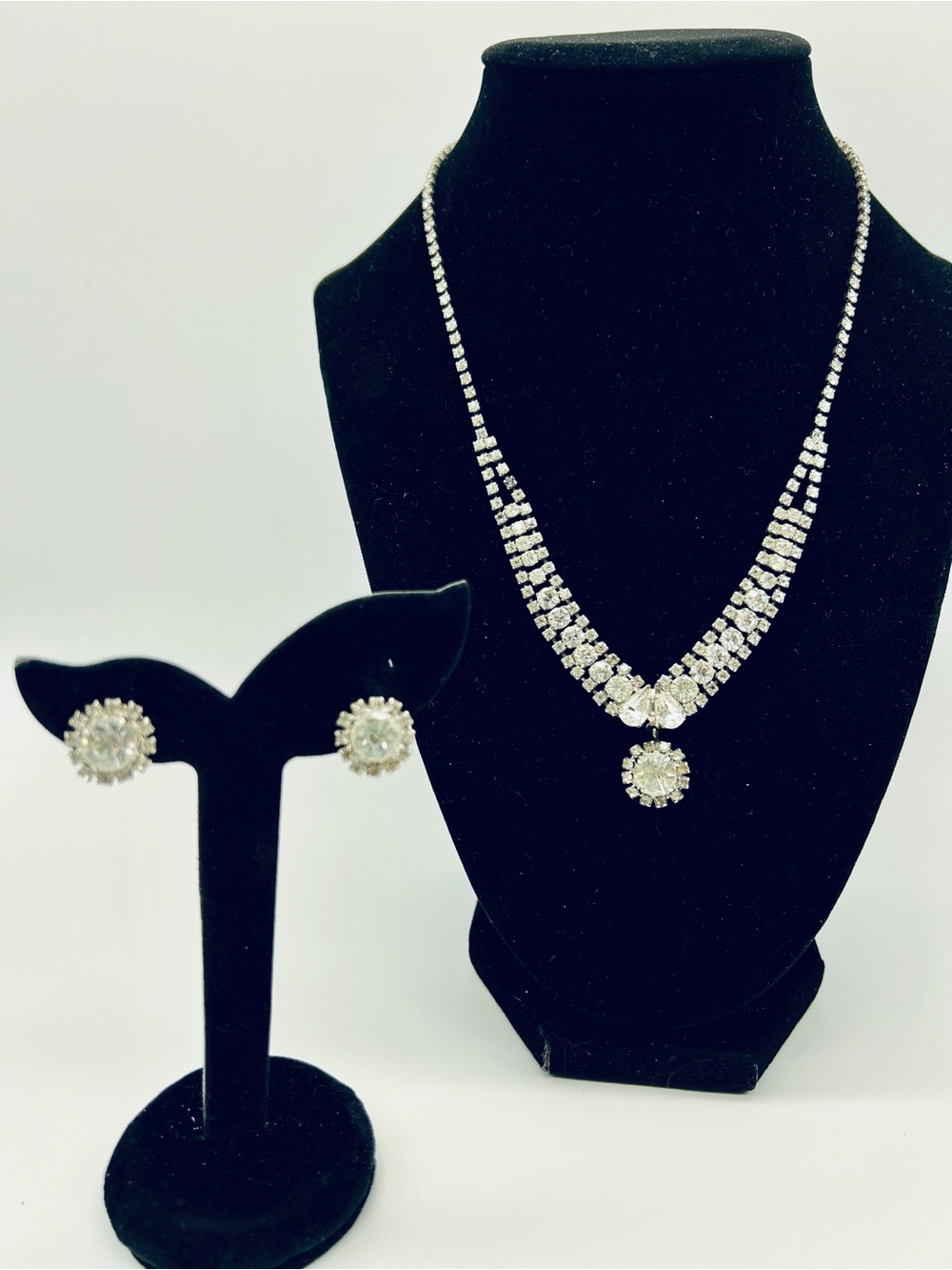 Vintage 1950s Rhinestone Necklace & Clip Earrings Demi-Parure